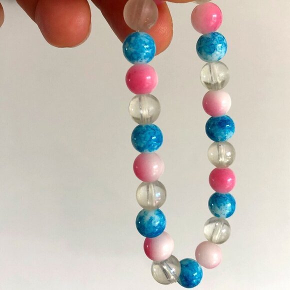 Handmade Glass Bracelets Round Flower Beads Blue Clear Pink Brown, 5.75 to 6.5'' - Picture 2 of 16